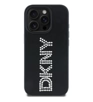 Apple iPhone 16 Pro Uyumlu Kılıf DKNY Orjinal Lisanslı Taşlı DKNY Yazılı Metalik Rhinestones PU Deri Kapak (Siyah)