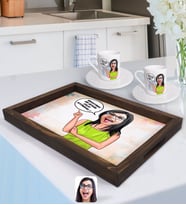 BK Gift Kişiye Özel Kadın Nihayetinde Karikatürlü Doğal Ahşap Tepsi ve 2’li Kahve Fincan Seti-5