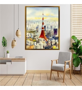 Tablore Japonya Tokyo Kulesi Şehir Manzaralı Suluboya Tablo Gold Çerçeveli Modern Salon Tablosu