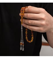 Sıkma Kehribar 925 Ayar Gümüş Tesbih (Bej)