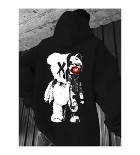 Unisex Oversize Panda ve Robot Baskılı Siyah Hoodie – Kırmızı Göz Detaylı Streetwear Sweatshirt