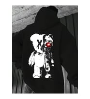Unisex Oversize Panda ve Robot Baskılı Siyah Hoodie – Kırmızı Göz Detaylı Streetwear Sweatshirt