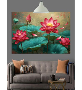 Pembe Lotus Çiçekleri Su Dekoratif Kanvas - Mdf Ahşap Tablo
