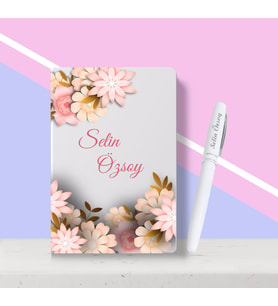 BK Gift Kişiye Özel Çiçek Desenli Beyaz Defter Kalem Seti-6
