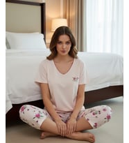 Mihra Kadın Viskon V Yaka Kısa Kol KAPRİ Likralı Pijama Takımı 40111P - 1 Adet (Pembe)