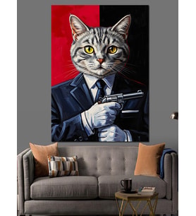 Takım Elbiseli Ve Silahlı Kedi Dekoratif Kanvas - Mdf Ahşap Tablo