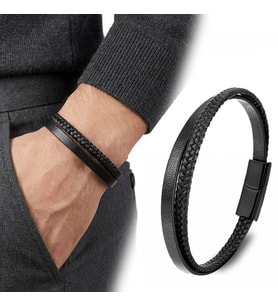 Moncuk Design Siyah Deri ve Saç Örgü İkili Çelik Erkek Bileklik 33513B12D1