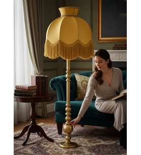 Gold Kadife Başlık Gold Ahşap Ayaklı Lambader Vintage Model 170x50cm