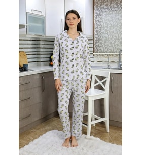 Kadın Pamuk Penye Önden Düğmeli Uzun Kol Pijama Takım Gri