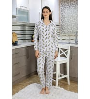 Kadın Pamuk Penye Önden Düğmeli Uzun Kol Pijama Takım Gri