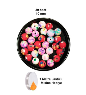 30 Adet 10 mm Polimer Kil Fimo Boncuk Takı Bileklik + 1 Metre Lastikli Misina Hediye - Desenli Yuvarlak