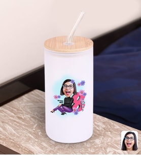 BK Gift Kadınlar Gününe Özel Karikatürlü Beyaz Renk Pipetli Buzlu Cam Bardak 600ml - 1, 8 Mart Kadınlar Günü