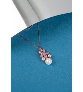 Pembe Zirkon Taşlı Rose 925 Ayar Gümüş İncili Bayan Çiçek Kolye