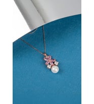 Pembe Zirkon Taşlı Rose 925 Ayar Gümüş İncili Bayan Çiçek Kolye