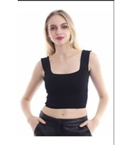 Siyah Kare Yaka Atlet Triko Bluz Crop S / M / L Beden Uyumlu