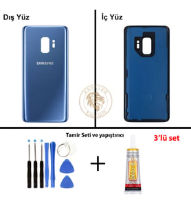 Samsung Galaxy S9 Mavi Renk Arka Kapak + Tamir Seti + B7000 Yapıştırıcı Arka Cam Batarya Kapağı Pil Kapağı Lazer Kesim Back Cover Galaxy S9 Uyumlu