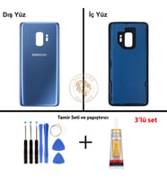 Samsung Galaxy S9 Mavi Renk Arka Kapak + Tamir Seti + B7000 Yapıştırıcı Arka Cam Batarya Kapağı Pil Kapağı Lazer Kesim Back Cover Galaxy S9 Uyumlu