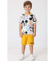 Erkek Çocuk Ayıcık Desen ve Renkli Yazılarla Penye T-Shirt Sarı Şortlu Takım