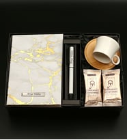 Kişiye Özel Beyaz Mermer Desenli Defter& Mat Beyaz Roller Kalem& Beyaz Bambu Tabaklı Fincan& Tek İçimlik Türk Kahvesi Hediye Seti
