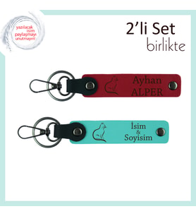 Patiye Duygusal Vefa, Kedi Figürlü, Kişisel Yazılı Anahtarlık Seti, Kırmızı-Turkuaz