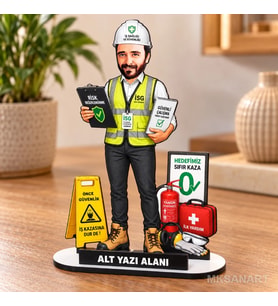Kişiye Özel Erkek İş Güvenliği Uzmanı Karikatürlü 18 cm MDF Masaüstü Biblo - Erkek İş Güvenliği Uzmanı Hediyesi Yeni İş ve Meslek Hediyesi