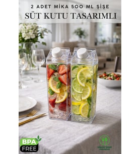2 Adet 500ML Mika Süt Kutu Tasarımlı Su Kahve Içecek Şişesi  Cam Değildir  Kahve ve Sunum