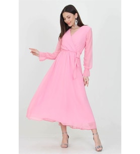 Neşeli butik kadın kuşaklı pudra uzun şifon elbise KTS003