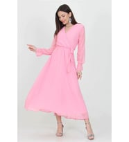 Neşeli butik kadın kuşaklı pudra uzun şifon elbise KTS003