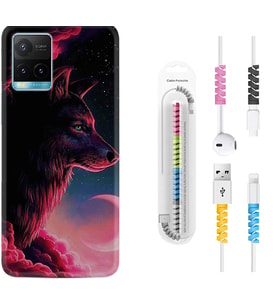 Vivo Y11S Y21S Y20 Y20S Y70 Kılıf Kablo Koruma Spiral Silikon Wolf and Moon 1380