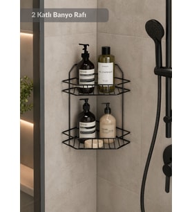2 Katlı Siyah Banyo ve Mutfak Rafı - Paslanmaz Köşe Şampuanlık ve Baharatlık Düzenleyici Raf