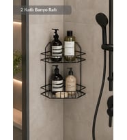 2 Katlı Siyah Banyo ve Mutfak Rafı - Paslanmaz Köşe Şampuanlık ve Baharatlık Düzenleyici Raf