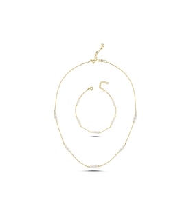 Zincirli Çıtır Doğal İncili Kolye Bileklik İkili Set (Sarı)