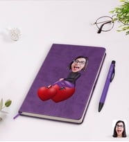 BK Gift Kişiye Özel Kadın Karikatürlü Mor Termo Deri Defter Kalem Seti Model 2