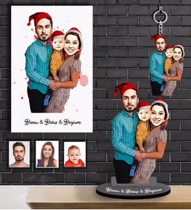 Kişiye Özel Yılbaşı Aile Karikatürlü 3 lü Hediye Seti Model-1