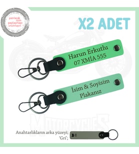 Kompakt ve Kullanışlı, Kişiye Özel Plaka ve İsim Yazılı Deri 2’li Anahtarlık Set, Yeşil-F Yeşil-Gr