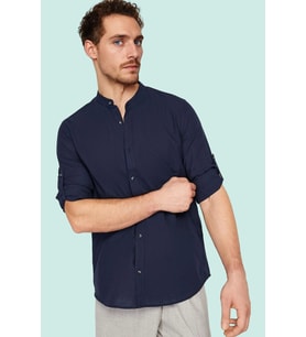 Erkek Pamuklu Slim Fit Hakim Yaka Gömlek Yazın Rahatlığı ve Şıklığı Yaz Aylarının Vazgeçilmezi (Koyu Lacivert)
