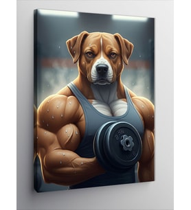 Kanvas Tablo Kaslı Sporcu Köpek Ve Dumbbell