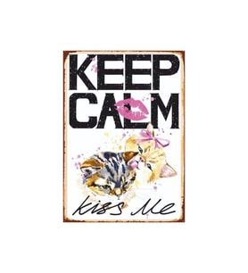 Keep Calm Kiss Me Yazılı Kedili Romantik Ahşap Retro Poster Tablo