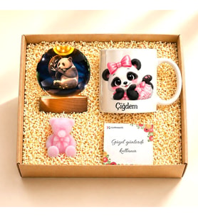 Kişiye Özel Panda Tasarım Kupa Seti Işıklı Kristal Cam Küre & Panda Mum Hediye Kutusu