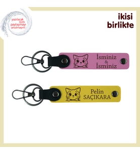Sokaktan Gelen Sadakati Taşıyan Hatıra, Kedi Motifli İsim Yazılı Anahtarlık Seti, Pembe-Sarı