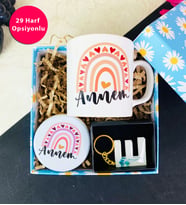 Çiçekli Epoksi Anahtarlık Ve Gökkuşağı Anne Tasarımlı Kupa Set