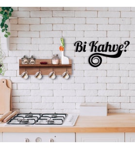BK Home Doğal Ahşap Raflı Dekoratif Fincan Askılığı ve Bi Kahve Duvar Süsü-4 (Beyaz)