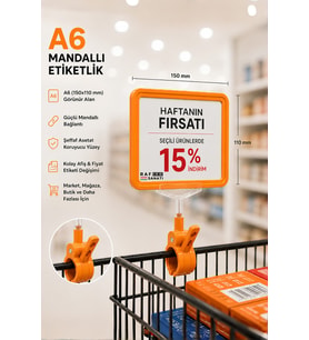 A6 Fiyatlık Mandallı Etiketlik Sepet Raf Askılık Fiyat Etiketi Çerçeveli Market Mağaza Turuncu