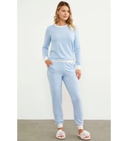 Çizgili Sıfır Yaka Pijama Takım - Mavi