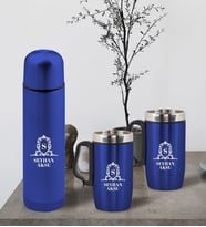 BK Gift Kişiye Özel Deri Çantalı Mavi Seyahat Termosu ve İkili Termos Mug Hediye Seti - 4