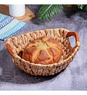 Wicker Serisi Bezli Yuvarlak Ahşap Kulplu Hasır Ekmek Sepeti