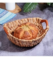 Wicker Serisi Bezli Yuvarlak Ahşap Kulplu Hasır Ekmek Sepeti
