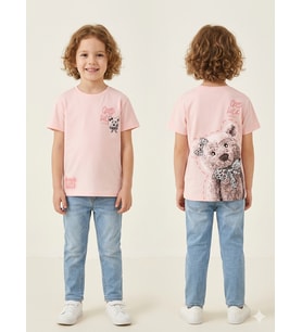 Kız Çocuk Ayıcık Baskılı Pembe Renk Kısa Kollu Tişört - 5-6 YAŞ / PEMBE