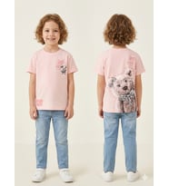 Kız Çocuk Ayıcık Baskılı Pembe Renk Kısa Kollu Tişört - 5-6 YAŞ / PEMBE