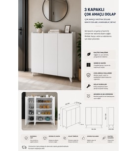 %100 MDF 3 Kapaklı Çok Amaçlı Dolap Mutfak Dolabı Banyo Beyaz
